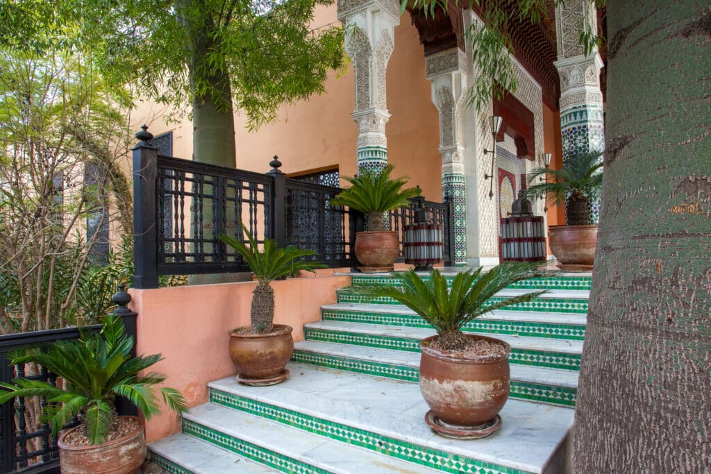 Garden of 5 star hotel la mamounia and stairs of hotel or casino